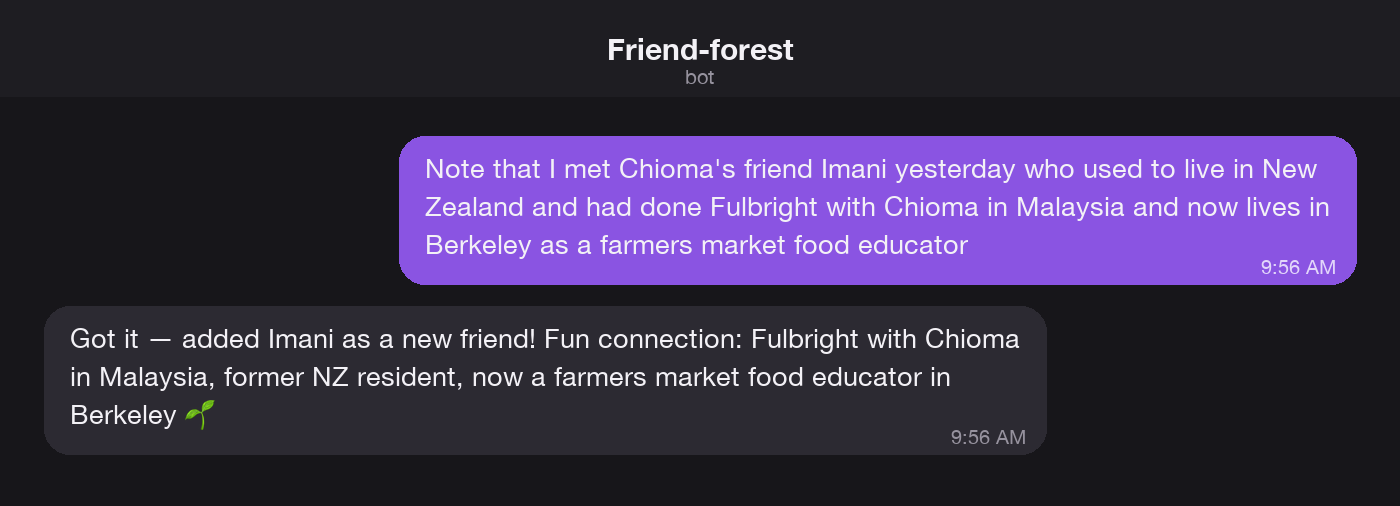 Texting the bot about a person just met, and the bot confirming it added them as a new friend with the connection noted
