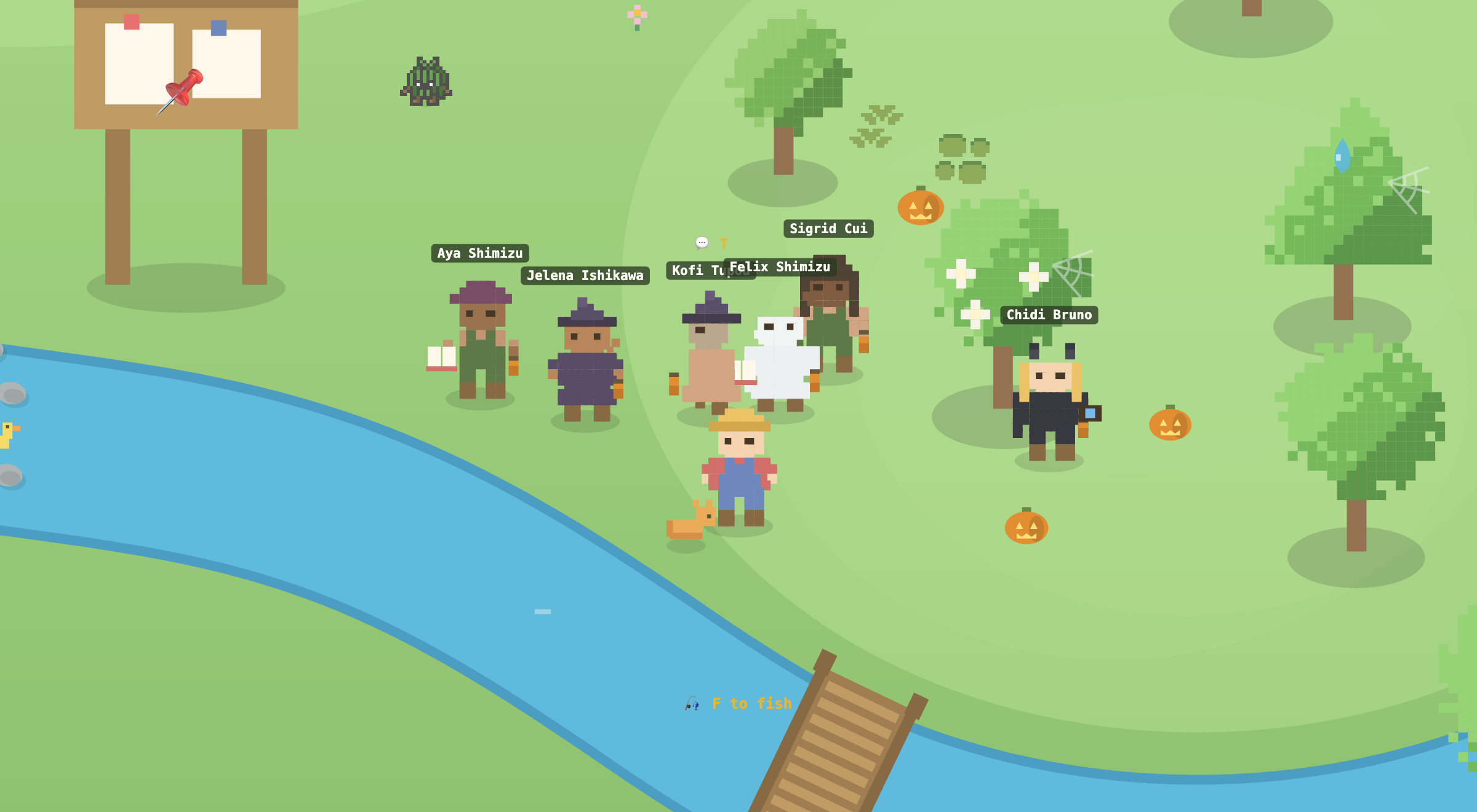 Friends in witch hats and a bedsheet ghost carrying trick-or-treat baskets, with cobwebs strung between the trees behind them
