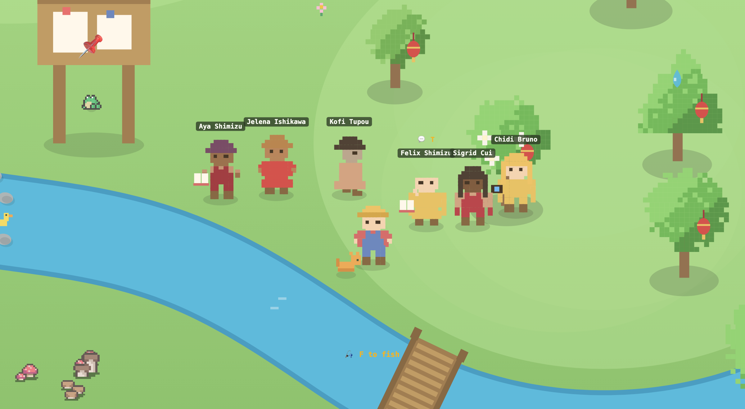 Friends dressed in red and gold with a red lantern hanging in a tree