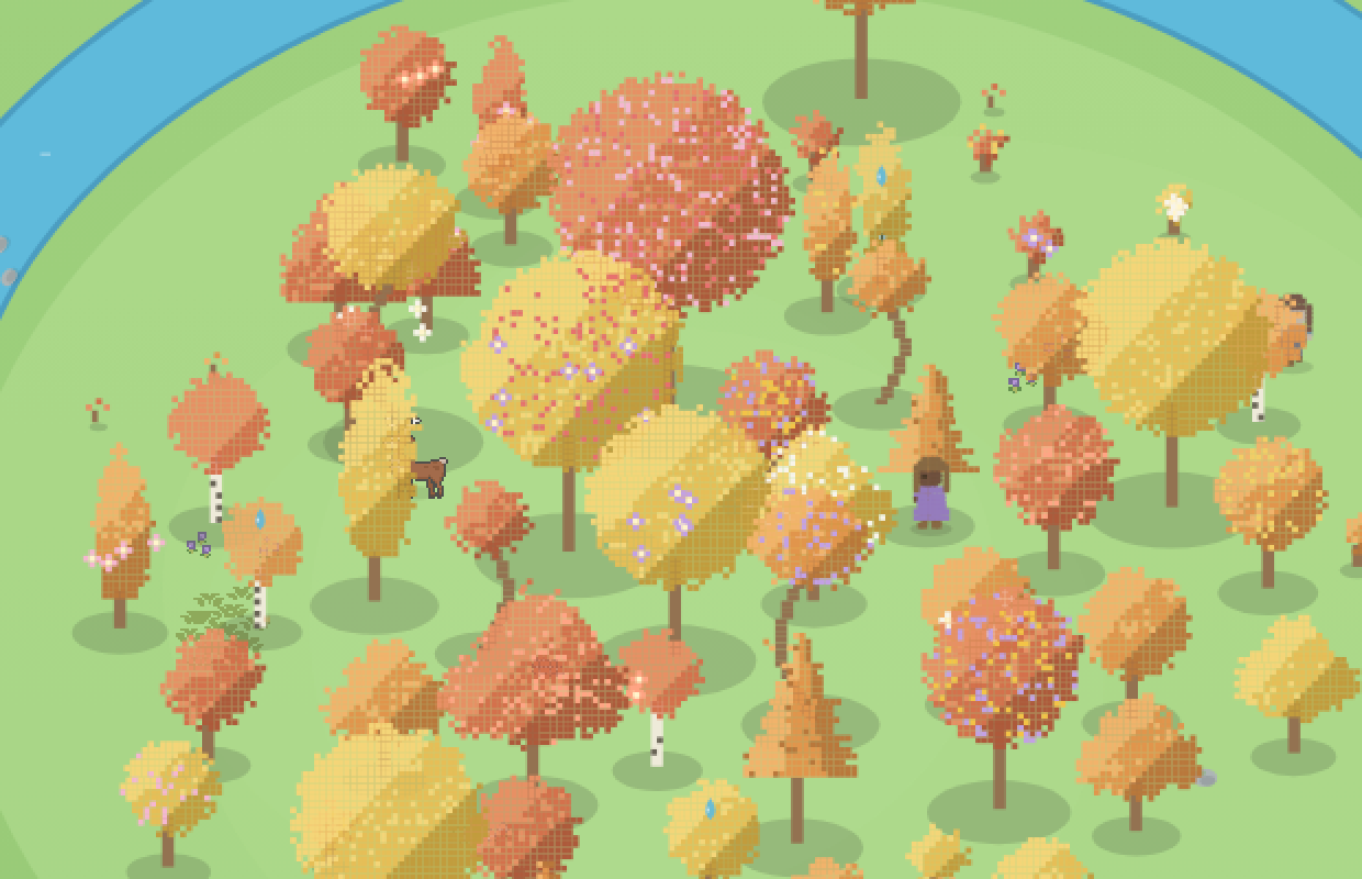 The same grove in autumn: every canopy turned gold, orange and rust