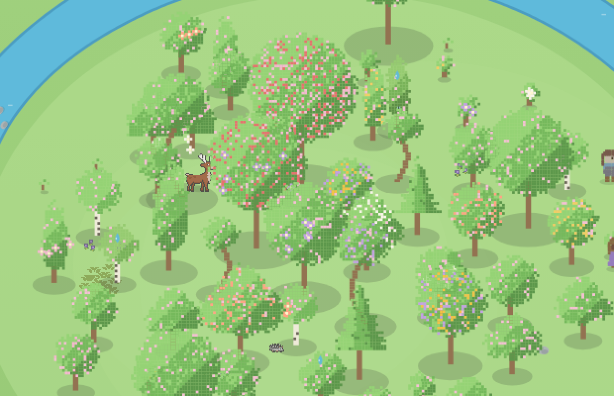 The same grove in spring: nearly every canopy speckled with pale pink blossom