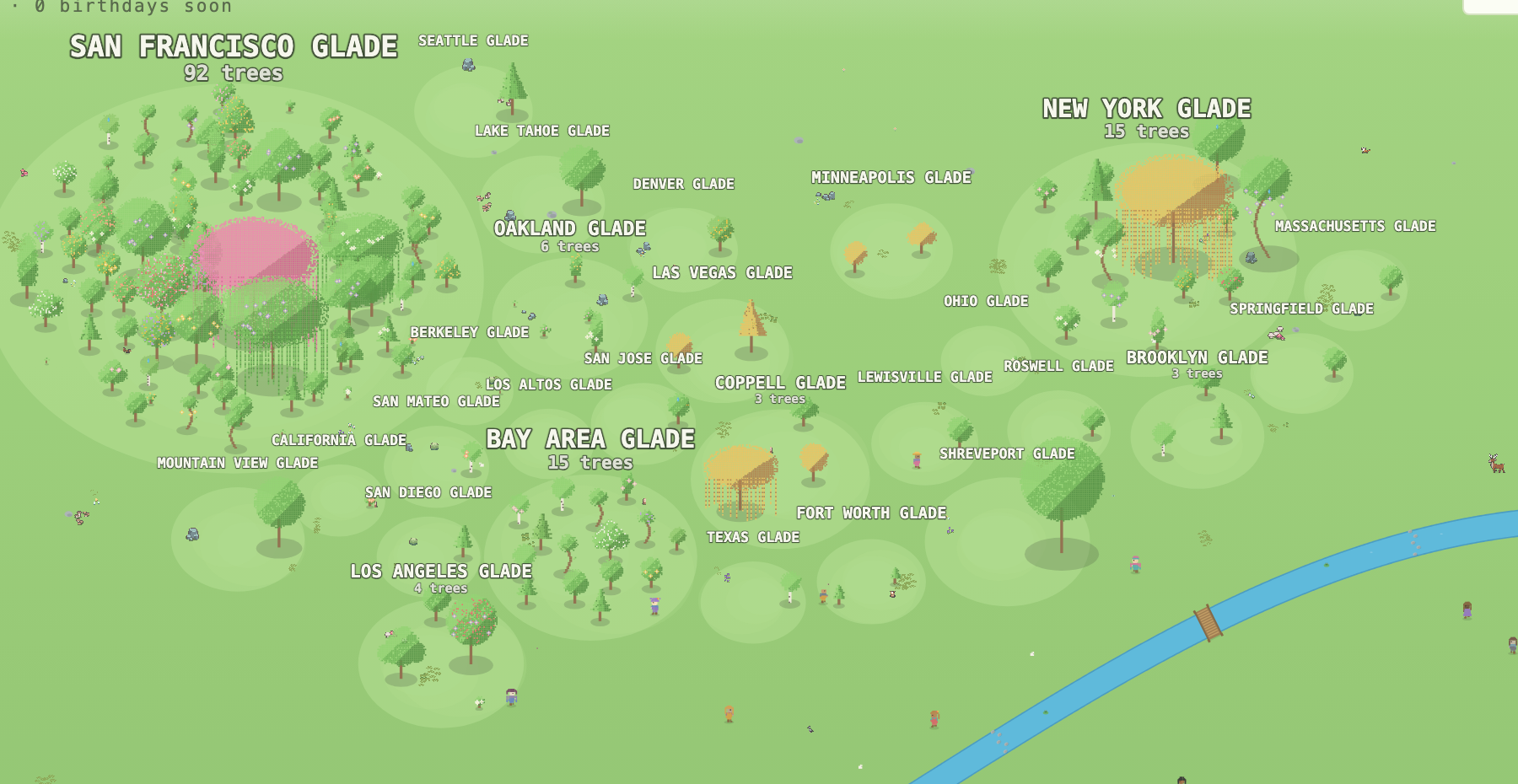 The forest re-sorted by city, trees arranged on a world map layout with city names