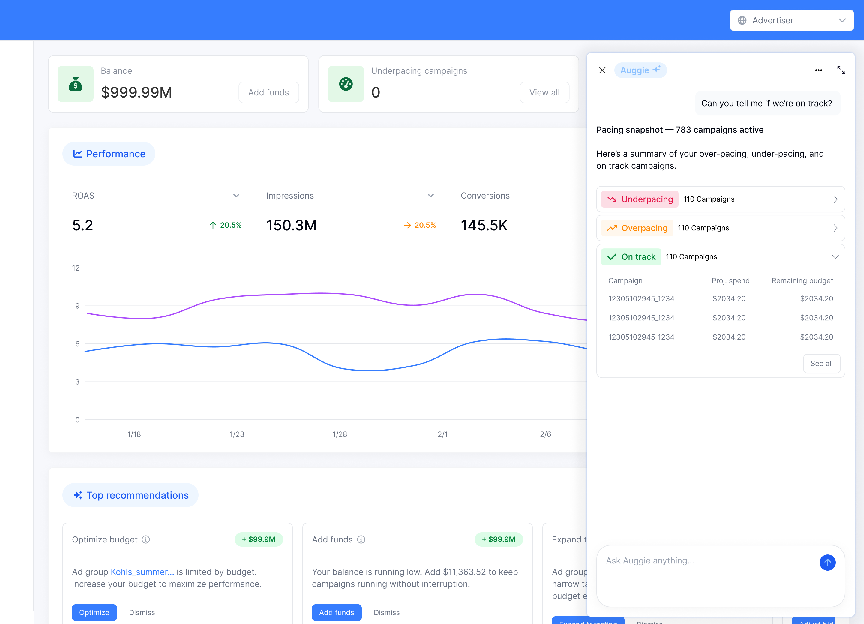 Advertiser dashboard with the AI chatbot open
