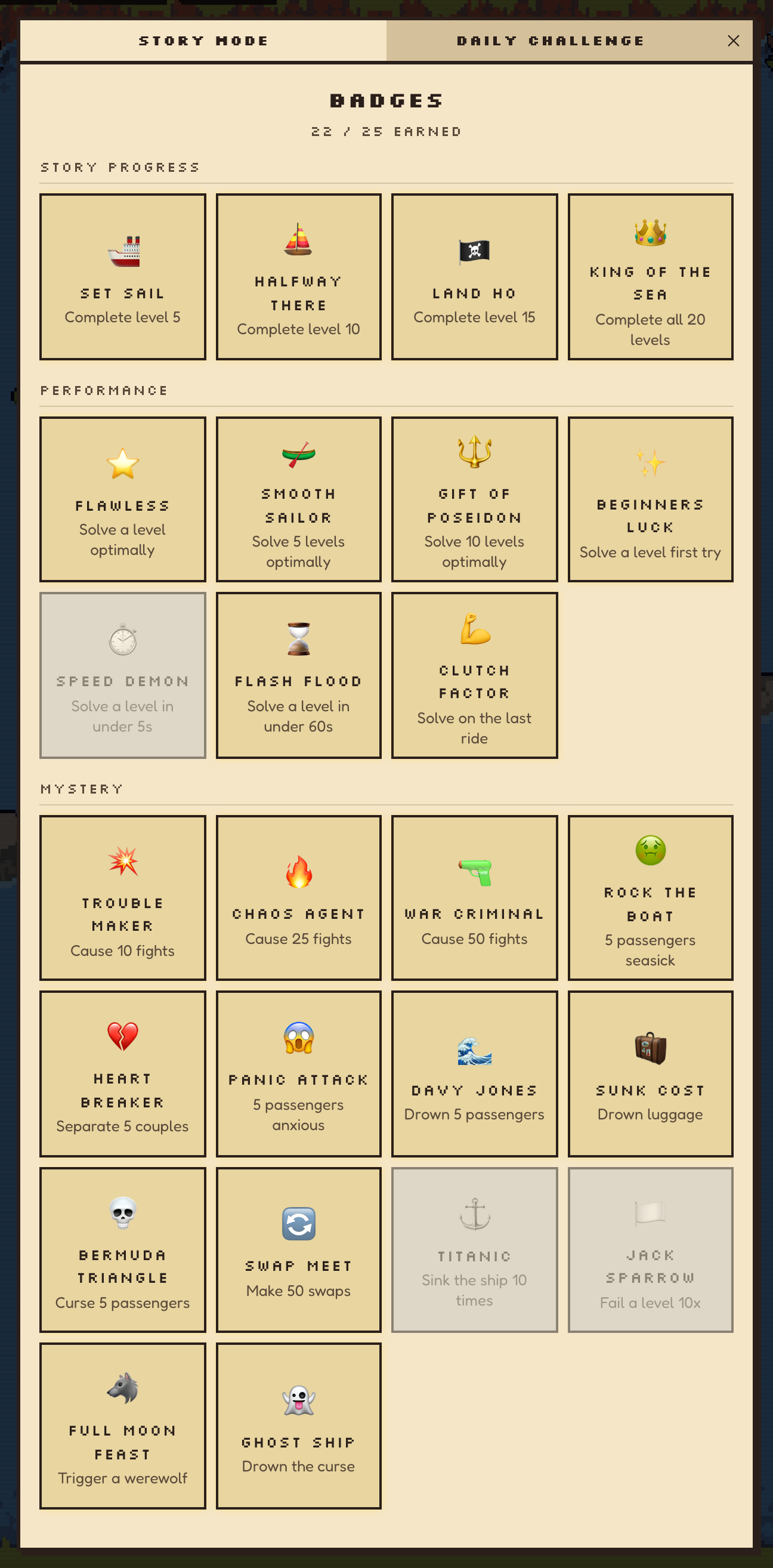 The story badge grid: 25 tiles with pixel icons, some earned and some still locked