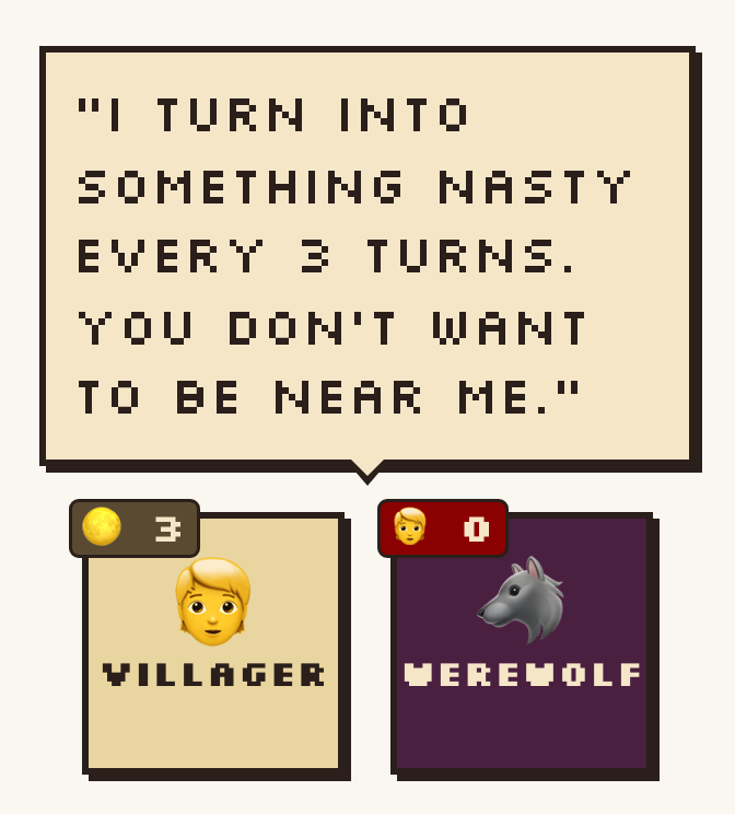 The Villager card and the Werewolf card side by side under one speech bubble reading: I turn into something nasty every 3 turns. You don't want to be near me.