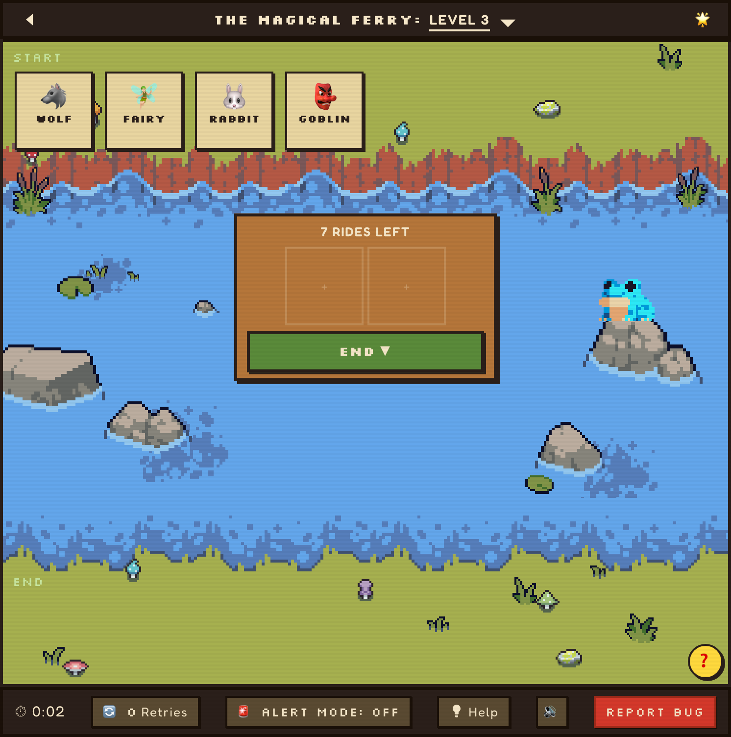 The shipped build with pixel-art tiled banks, grass detail and rocks